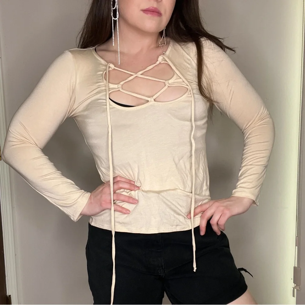 Rachel Pally Beige Long Sleeve Lace Up Top Size Small Modal New